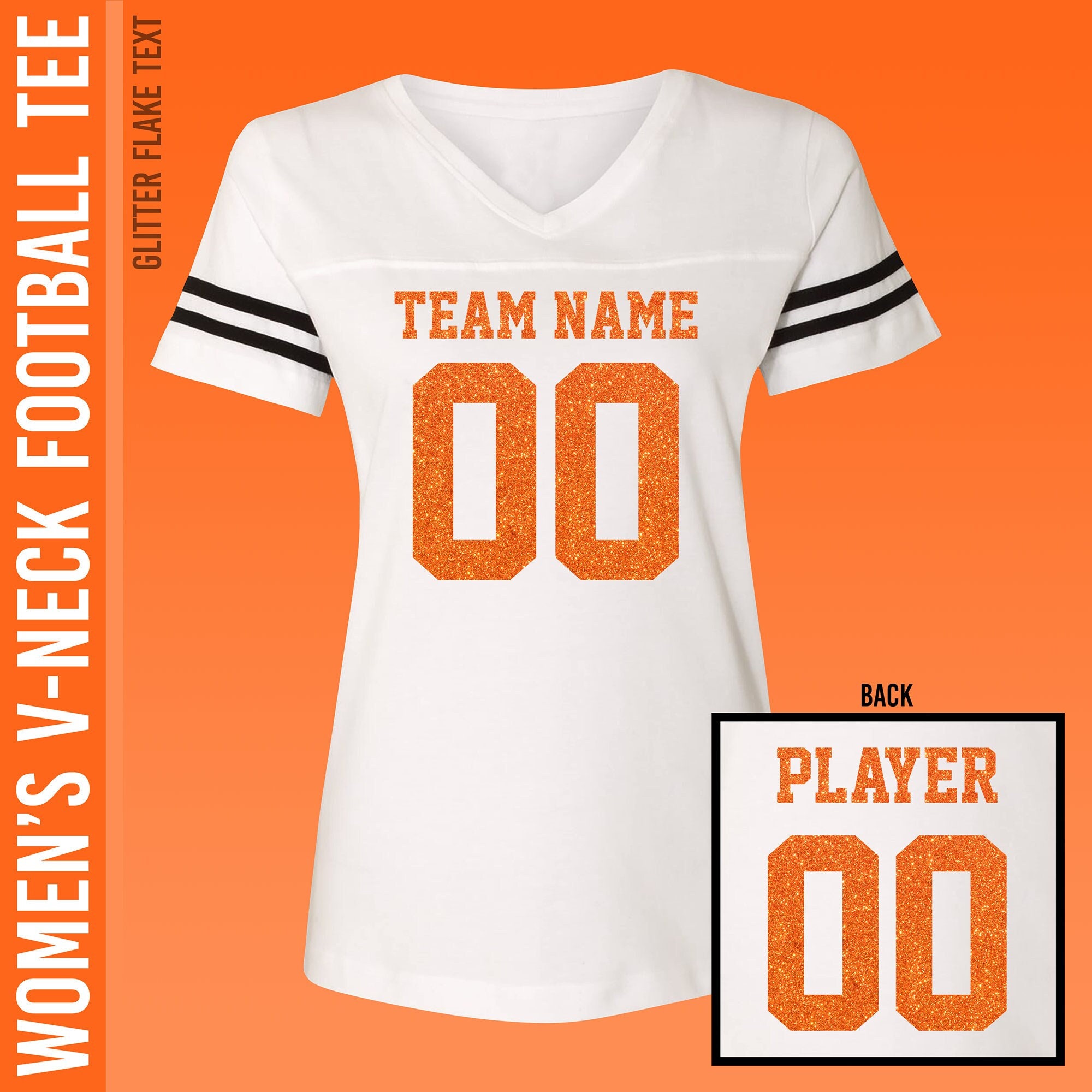 Custom Football Jerseys for Women / Orange Glitter Flake Text 