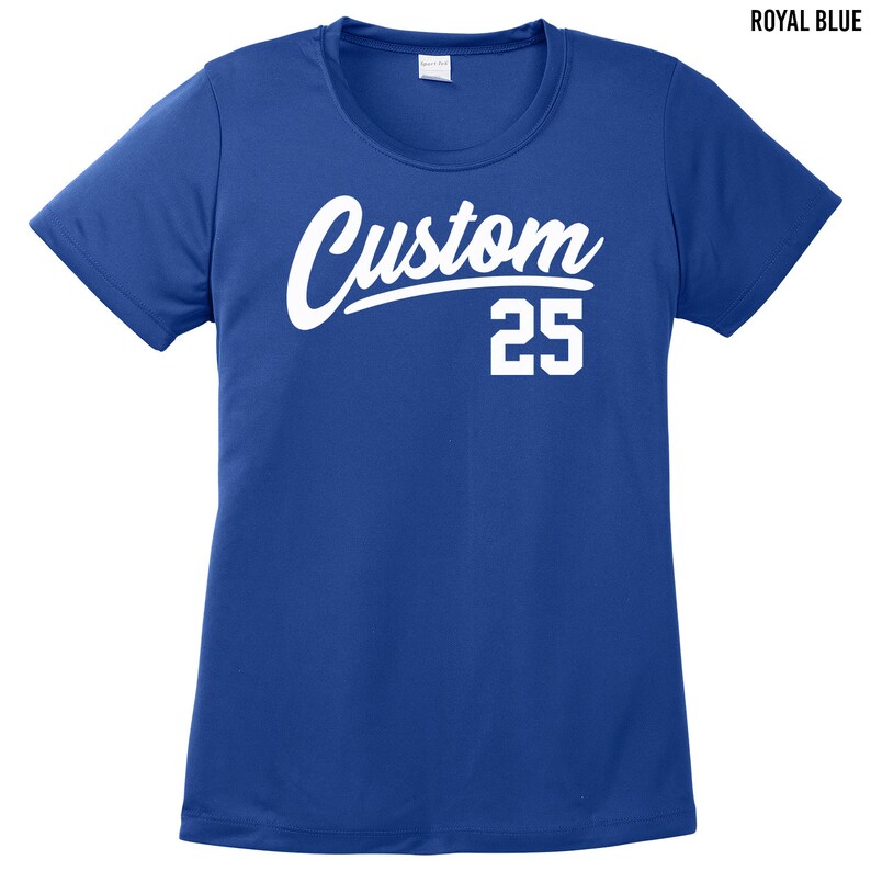 May include: Royal blue t-shirt with white text that says "Custom 25".