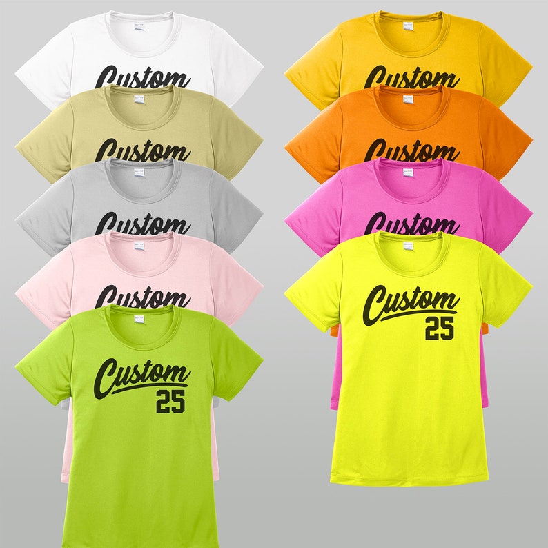 May include: A set of ten t-shirts in various colors, each featuring the word "Custom" in a black, stylized font. One shirt has the number "25" next to the word "Custom".