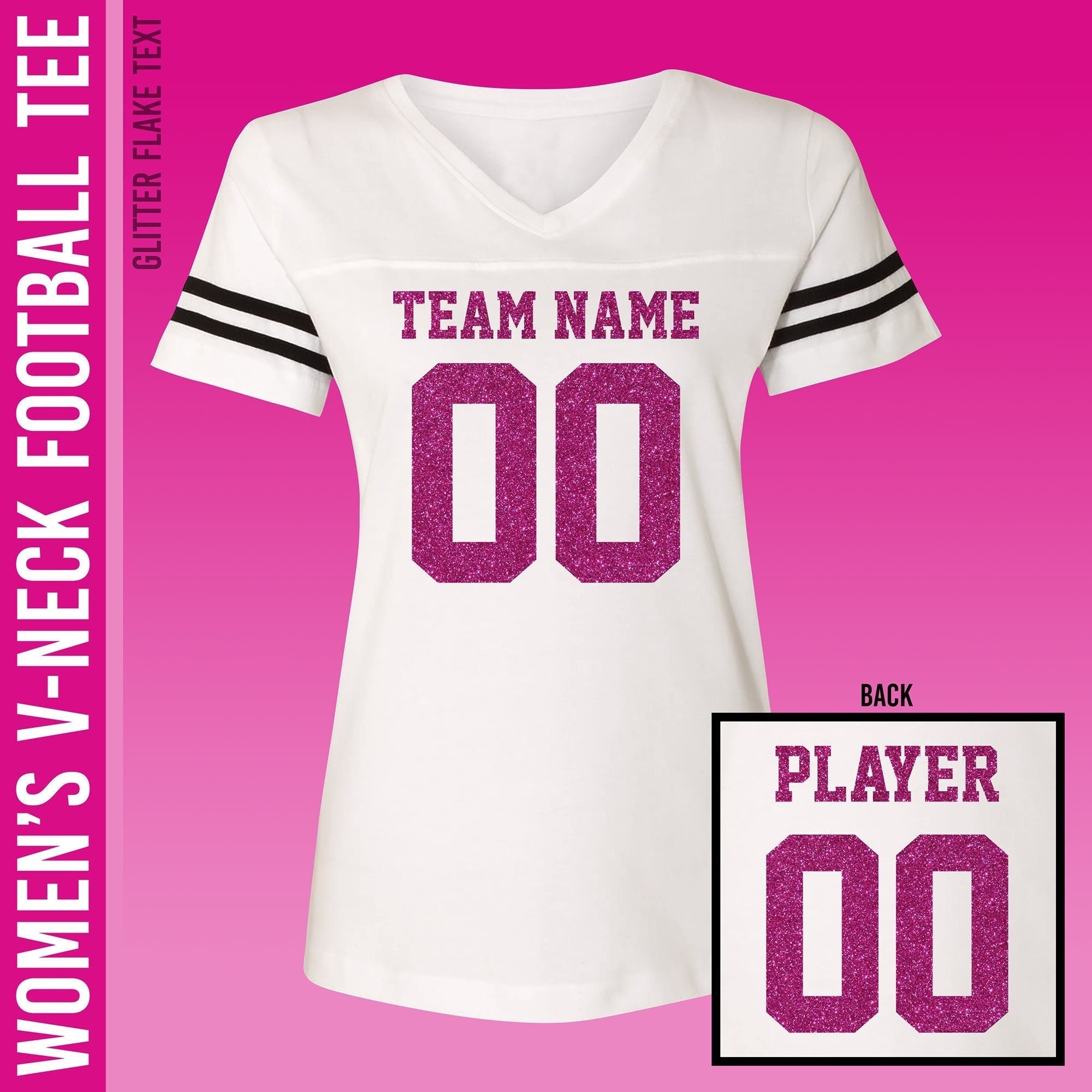 Dark Pink Glitter Custom Football Tee / Women's Relaxed Fit / White V-Neck  T-Shirt / Ladies / S to 2X / Bachelorette Party Shirts / Seniors