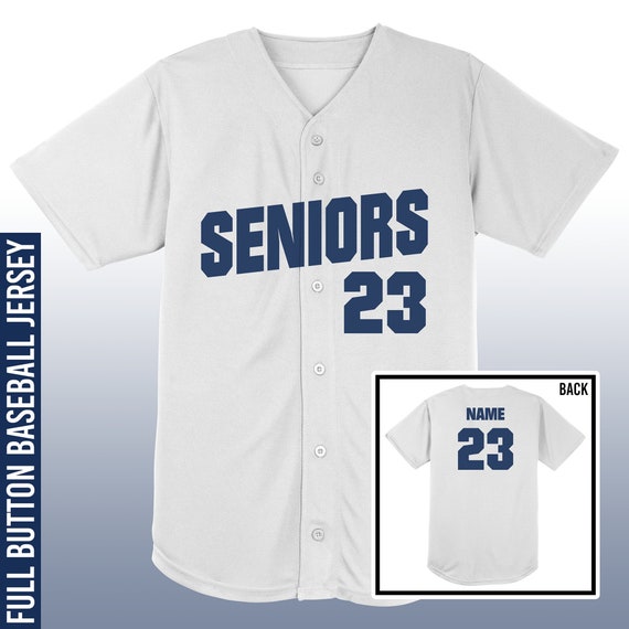 Seniors Baseball Jersey / Full Button White Jerseys / Navy 