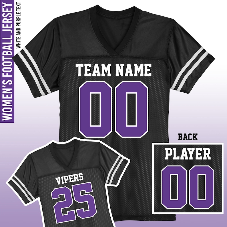 May include: Black football jersey with white and purple accents. The front of the jersey has "TEAM NAME" and the number "00" in purple. The back of the jersey has "PLAYER" and the number "00" in purple.