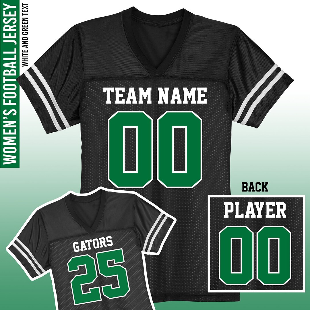 Women's Custom Football Jersey / Black Jerseys / White and Kelly Green Text / Ladies Relaxed Fit 