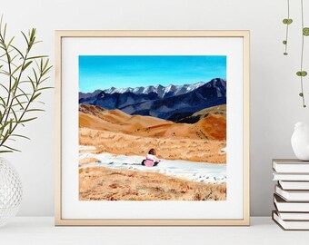 Sofort Download / druckbare Wand Kunst / Original Acrylbild / Berge / Mädchen spielt mit dem Schnee