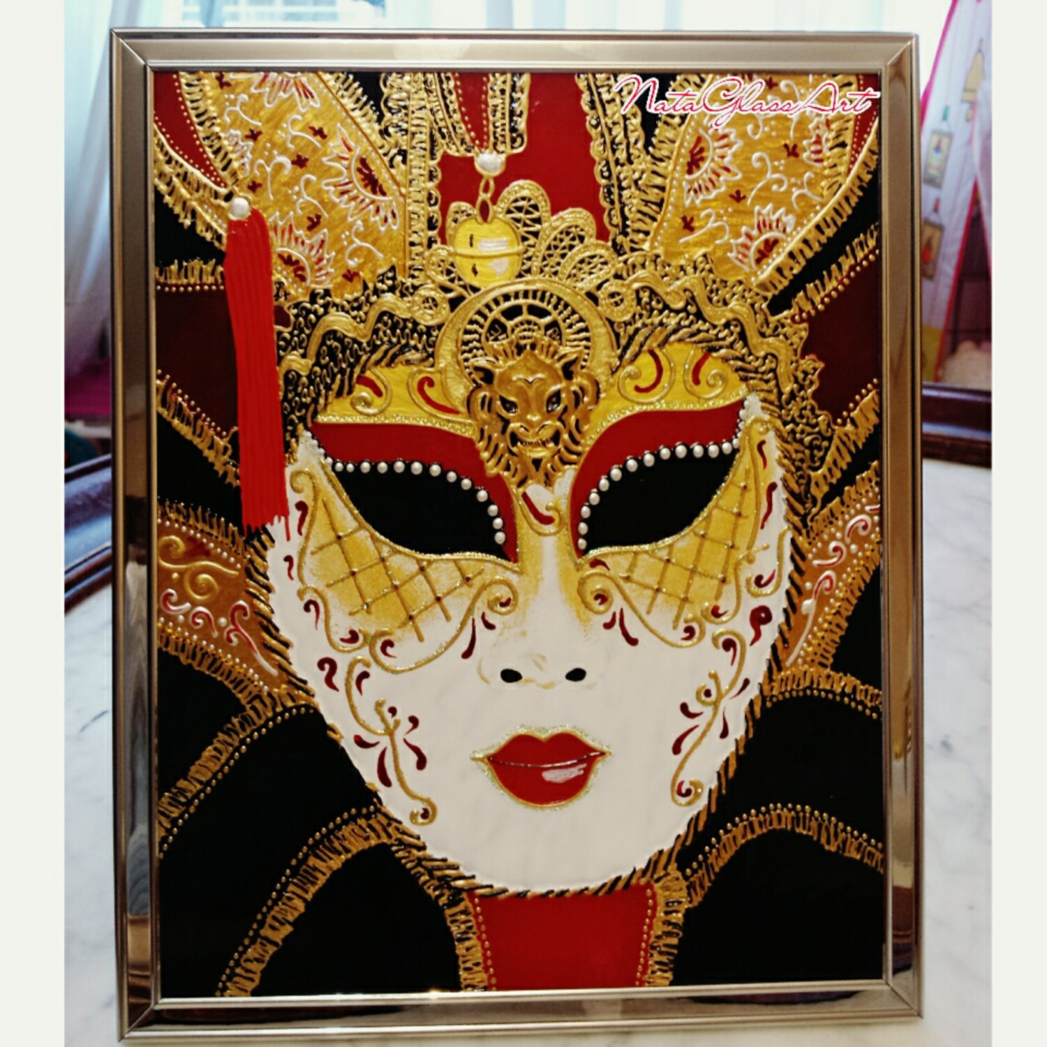 Venice masquerade mask picture on glass wall decoration | Etsy