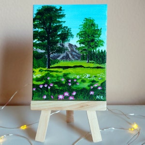 Mini Canvas Original Acrylic Painting, Landscape, Mountain, Tiny Art, Desk Art