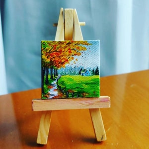 Mini Canvas Original Acrylic Painting, Landscape, Country House in Fall, Tiny Art, Desk Art