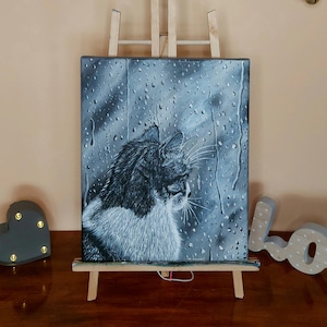 Original Acrylic Painting on Canvas / Realistic Animal Painting / Cat Looking out the Window on the Rain  / Art