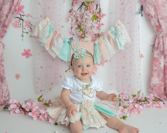 The "Mint Carousel" Collection. Pink Mint & Gold Fabric Tutu, Cake Smash outfit, First Birthday Girl, Birthday Outfit, High Chair Banner
