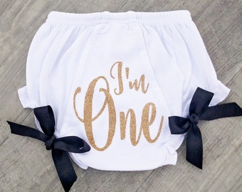 MercyAnd Love's: I'm One Bloomers, Diaper Cover, Gold Glitter One, First Birthday Cake Smash Outfit , First Birthday Girl, Ruffle Bloomers