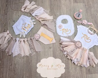 The "Country Chic" Collection. Pink,Ivory,Khaki &white,Fabric Tutu, Cake Smash outfit, First Birthday Girl, shabby chic, High Chair Banner