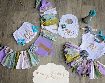 The "Peacock" Collection. Peacock and lavender, girl 1st Birthday,Cake Smash outfit, First Birthday Girl, Birthday Outfit, High Chair Banner
