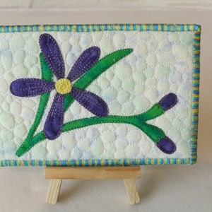 Quilted Postcard Art Quilt  Purple Flower on Pale blue background Pebble quillting Greeting Card Gift, Mother&#39;s Day Gift