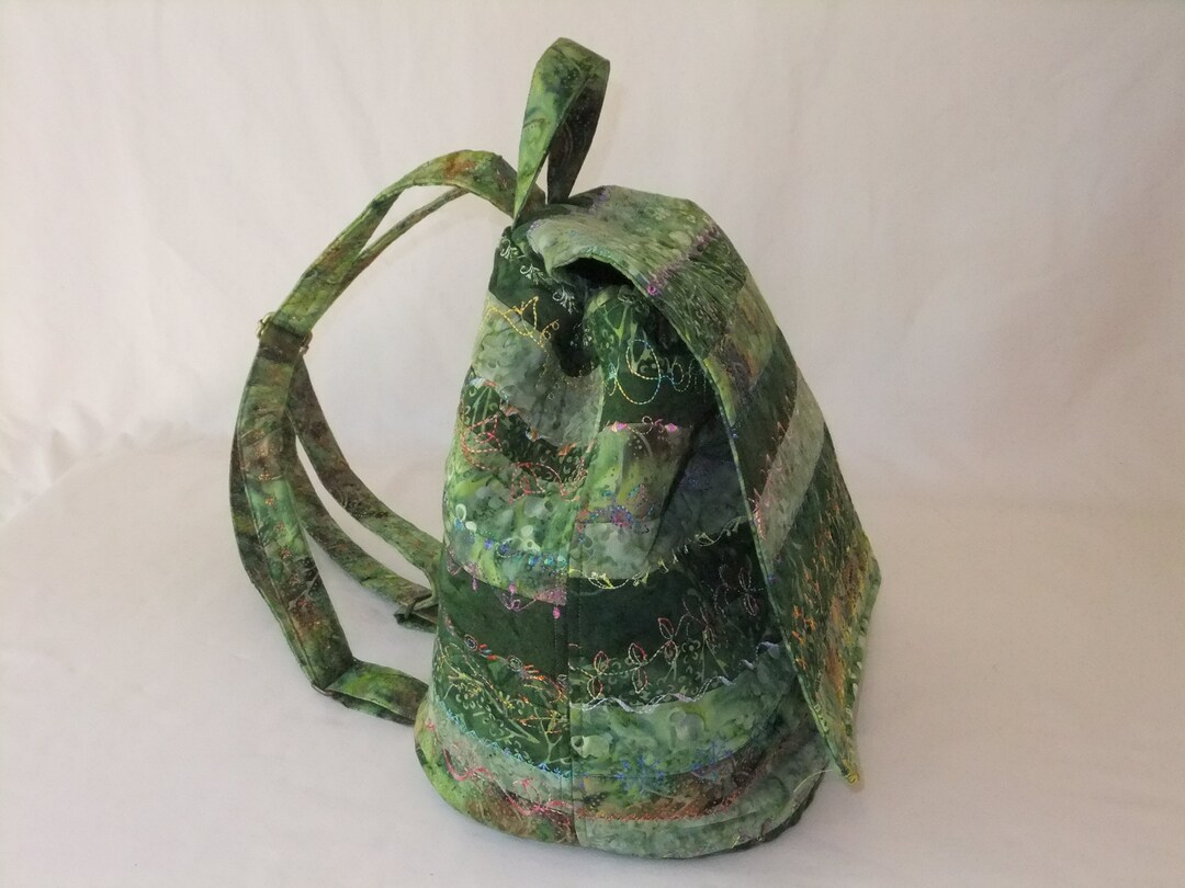 Quilted Backpack Purse in Shades of Green, Medium Backpack Purse. Draw