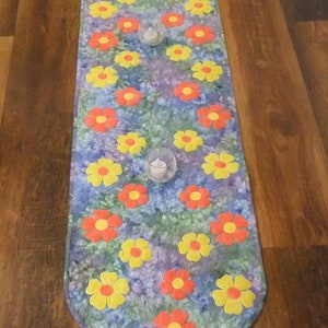 Quilted Table Runner Orange and Yellow on Blue, Purple Green Batik. Table runner 49&quot;Lx15&quot;W. Great Gift Idea, Housewarming gift. Wedding Gift
