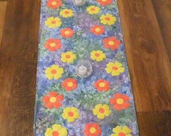 Quilted Table Runner Orange and Yellow on Blue, Purple Green Batik. Table runner 49"Lx15"W. Great Gift Idea, Housewarming gift. Wedding Gift