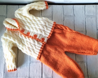 Baby's Hand Knitted Outfit, Cable Knit Cardigan & Leggings,