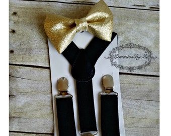 Suspender Bow Tie Set, Newborn-Adult sizes, Black, Gold, Boys adjustable suspenders, black and gold, wedding, ring bearer, groomsmen, formal