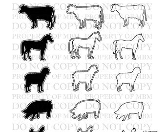 Livestock Animals, Animal Silhouettes, clipart, SVG, PNG Vectors, Farm animal svg, Bundle, Steer, Heifer, Lamb, Goat, Pig, Sheep, Cow, FFA