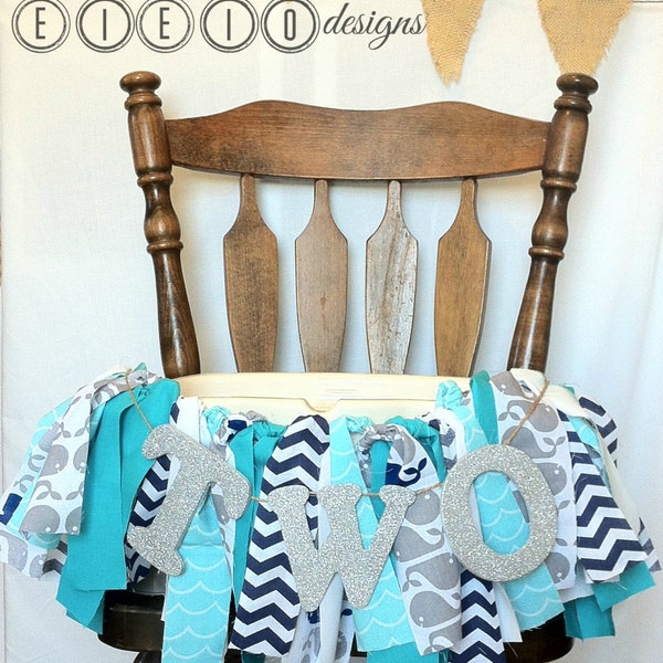 WHALES Birthday - Aqua & Navy - NAUTICAL white - chevron - ocean waves - silver and gray - first or second birthday party high chair banner