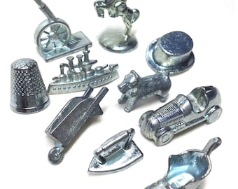 Monopoly Game Pieces - 10 Metal Movers: Car Hat Horse Shoe Dog Wheelbarrow for Altered Art or Jewelry Crafting Games - 5.80 Shipping to US