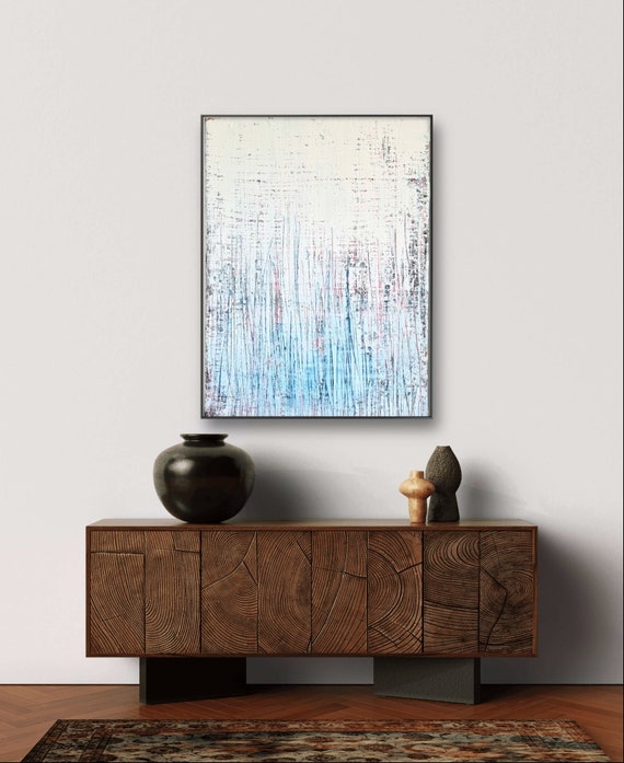 Unique piece in white, blue and shimmering pink - commissioned abstract painting