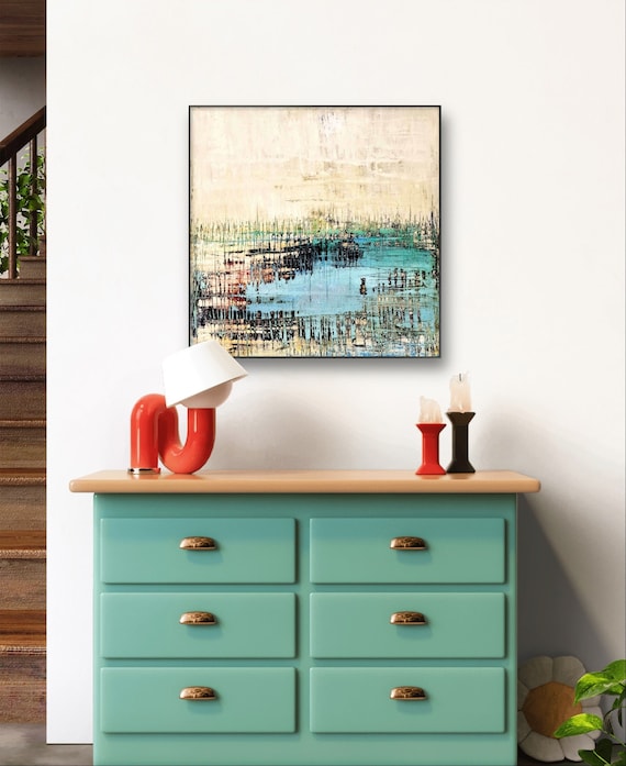 abstract painting in beige, turquoise - harbor reeds with a difference - commission painting - commission painting abstract