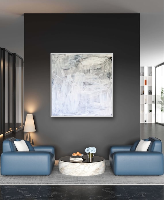 Large abstract painting in grey and white - dandelion - commissioned abstract painting