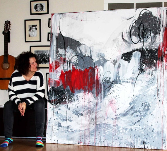Pictures black white red vibrant - Let's go - Commissioned painting abstract