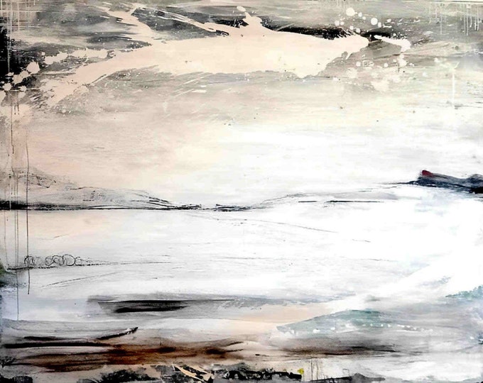 Abstract commissioned painting in white, black and beige with dynamism and tranquility - abstract commissioned painting