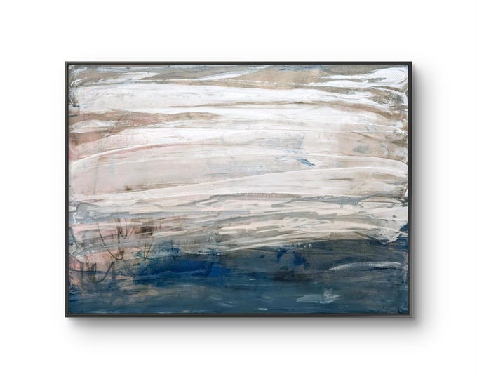 Original abstract painting 122x82 - "Tidal Calm" - Hand-painted unique piece, blue and white - Modern wall art including frame