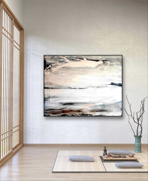 Abstract commissioned painting in white, black and beige with momentum and calm - commissioned painting abstract