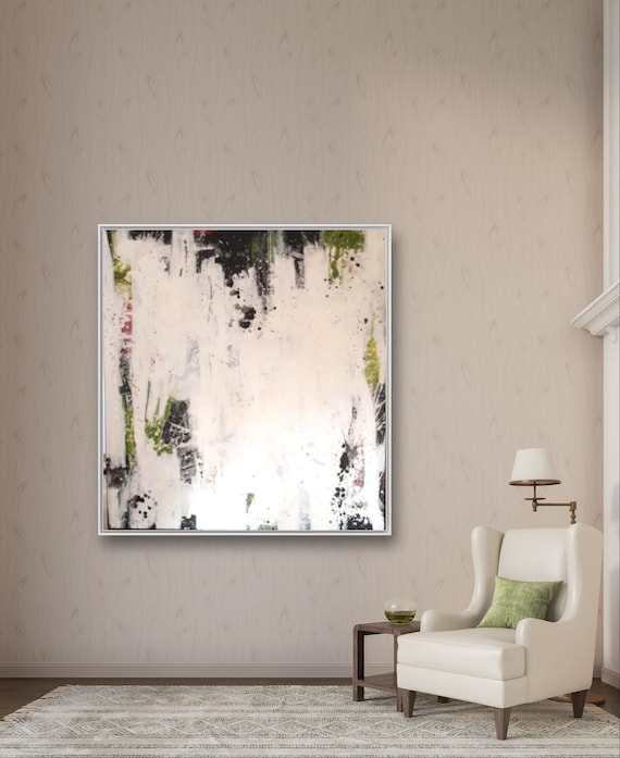 Powerful and earthy: A large-format palette knife painting in green, white and black - Commissioned abstract painting