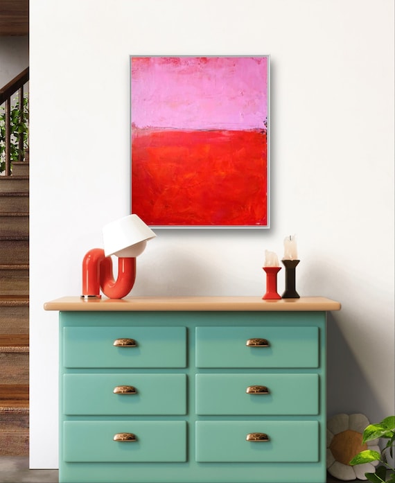 Abstract painting in pink and red with handmade stretcher frame - commissioned painting abstract