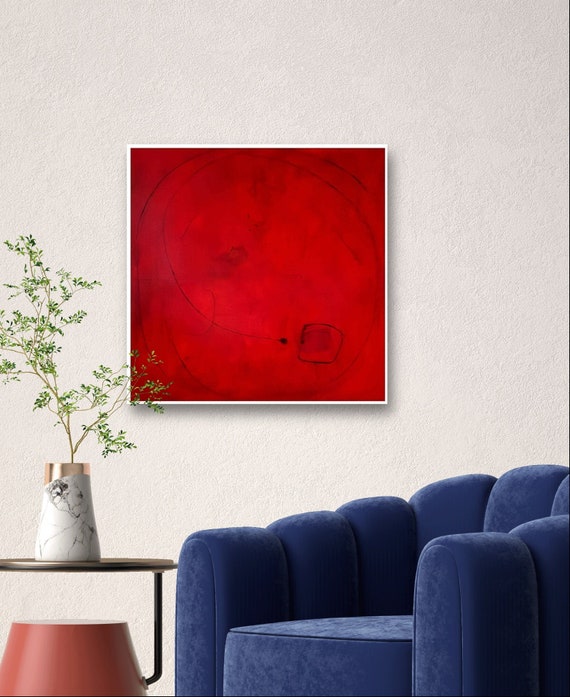 An abstract canvas painting in rich red tones - including shadow gap frame - commissioned abstract painting
