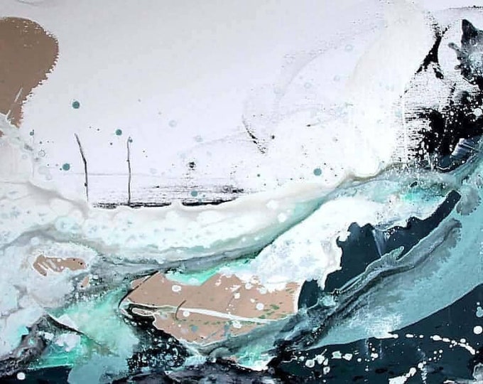 Mint and white wave painting with landscape - unique piece created using flowing technique - commissioned abstract painting