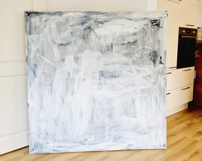 Large abstract painting in grey and white - dandelion - commissioned abstract painting
