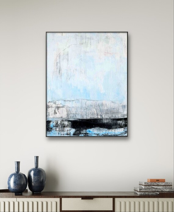 Hiking in the Harz Mountains: Abstract painting in blue and white as a memory of a tour - Commissioned abstract painting