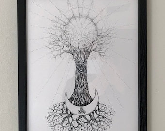 Tree of life print, Sun and moon art, Celtic tree, Triskelion, Druid art, Wiccan art, Pagan art print, tree roots, moon tree, mystical art