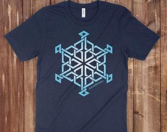 Könnte beinhalten: Ein marineblaues T-Shirt mit einem weißen Schneeflocken-Design und dem Text "RumbleCree" in Weiß.