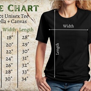 May include: Black unisex t-shirt with a size chart. The chart lists sizes S to 4XL, with corresponding width and length measurements in inches. The text "SIZE CHART" is at the top, with "3001 Unisex Tee Bella + Canvas" below it.