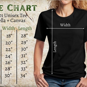 Op de afbeelding: Maattabel voor een unisex t-shirt, met de afmetingen in inches voor breedte en lengte. De tabel bevat de maten S tot en met 4XL.
