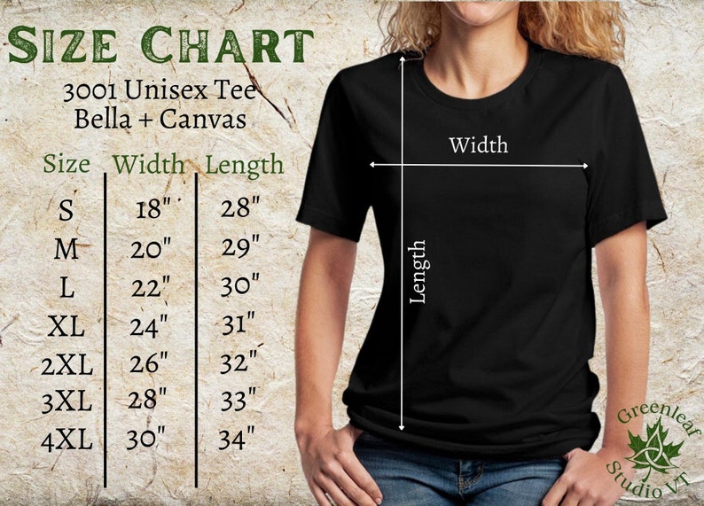 Op de afbeelding: Maattabel voor een unisex t-shirt, met de afmetingen in inches voor breedte en lengte. De tabel bevat de maten S tot en met 4XL.