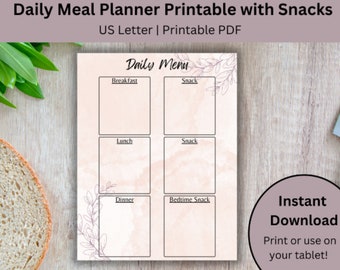 May include: Printable daily meal planner with space for breakfast, lunch, dinner, and two snacks. The planner has a light pink watercolour background with a floral design and the text "Daily Menu".