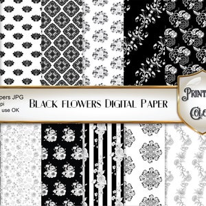 Carta digitale fiori in bianco e nero per scrapbooking e decoupage