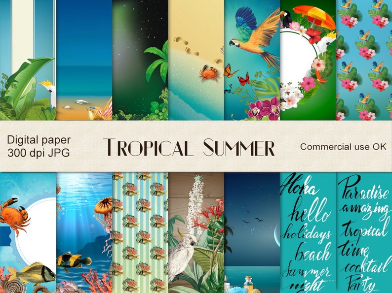 Tropical summer digital paper for scrapbooking and decoupage CU image 1