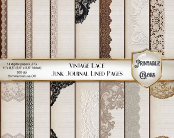 Junk Journal notebook with antique lace, digital paper with vintage lace and old pages for scrapbooking and decoupage