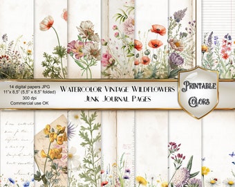Watercolor Wildflowers Junk Journal digital pages - vintage botanical printable floral paper background - botanical ephemera decoupage