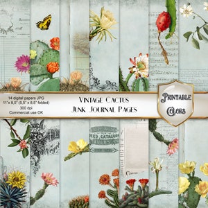 Vintage Junk Journal Cactus, vecchie illustrazioni digitali di cactus per scrapbooking e decoupage