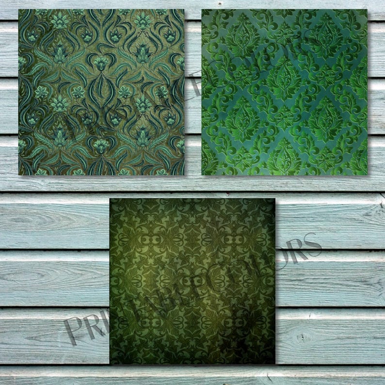 Green Damask Digital Paper, Vintage Damask, Antique Damask, Vintage Scrapbook, Scrapbooking